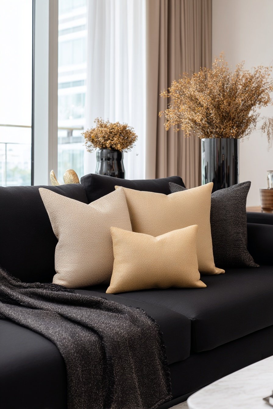 Modernes Wohnzimmer mit schwarzem Sofa und beigefarbenen Kissen
