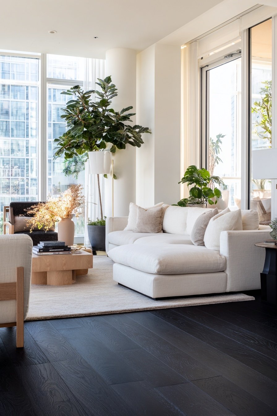 Modernes Wohnzimmer mit schwarzen Holzboden, heller Couch und viel Grünpflanzen