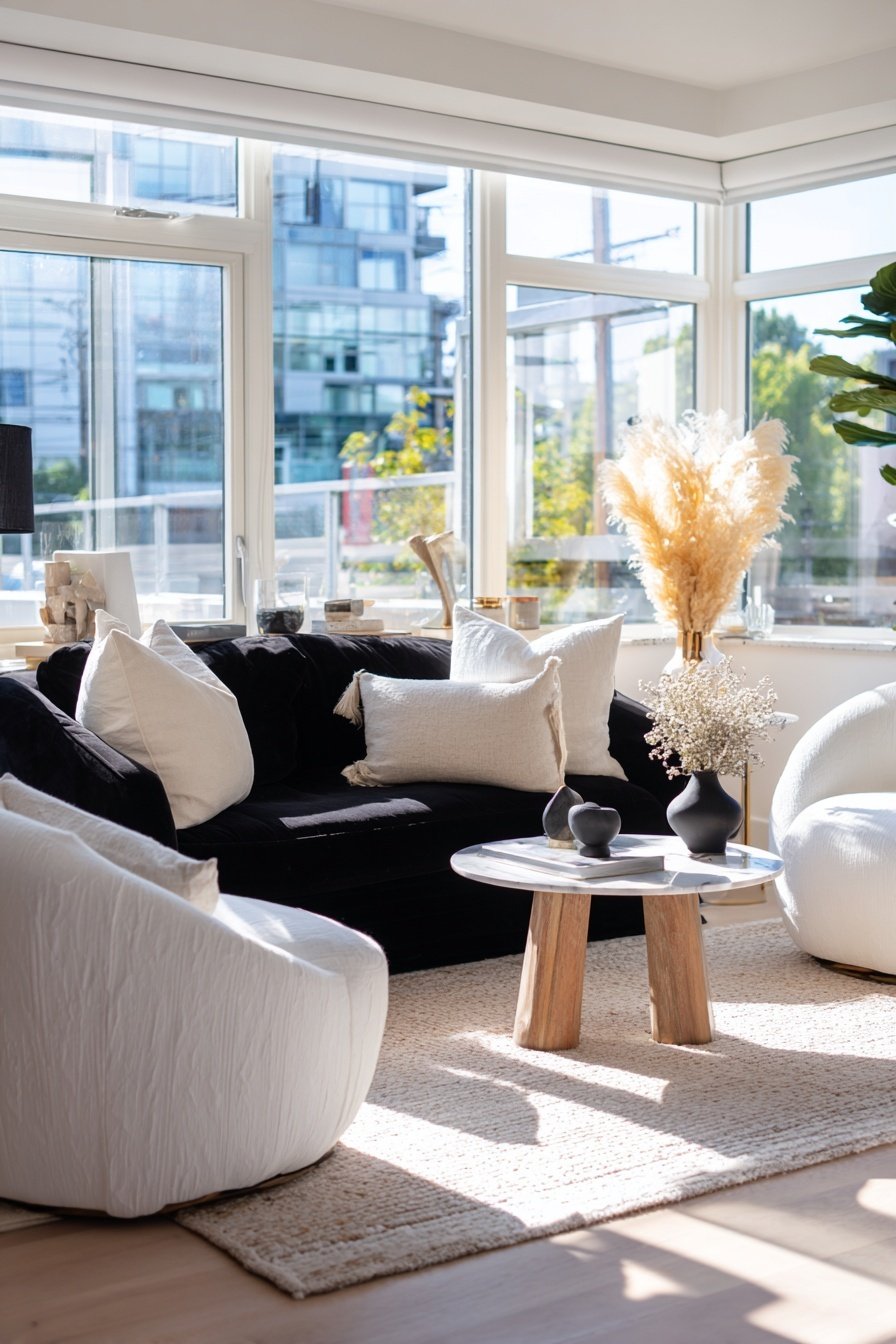 Modern eingerichtetes Wohnzimmer mit schwarzem Sofa, weißen Sesseln und viel Tageslicht
