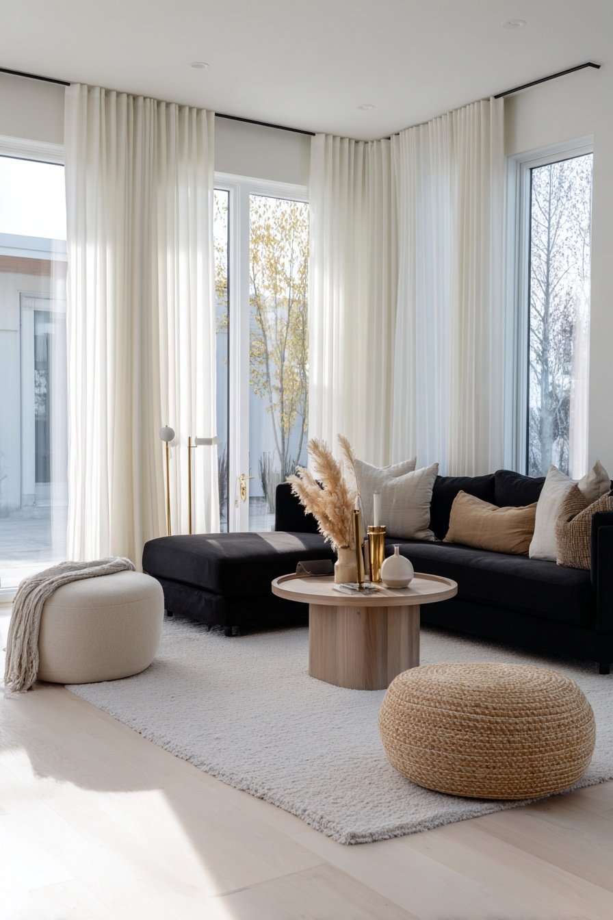 Modernes Wohnzimmer mit schwarzem Sofa, hellen Vorhängen und Naturdeko