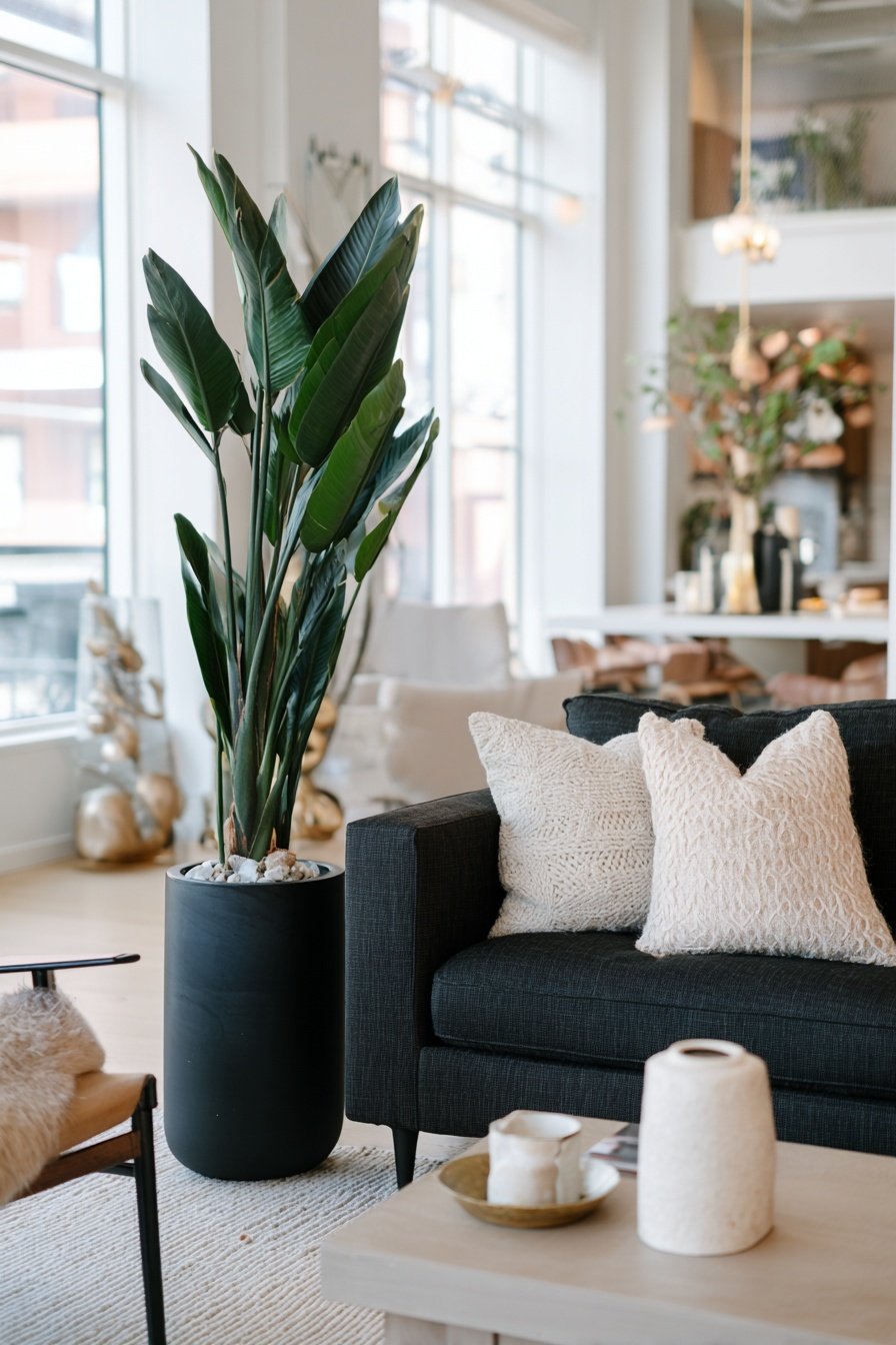 Modernes Wohnzimmer mit schwarzem Sofa, Deko aus Naturmaterialien und großer Pflanze im schwarzen Topf