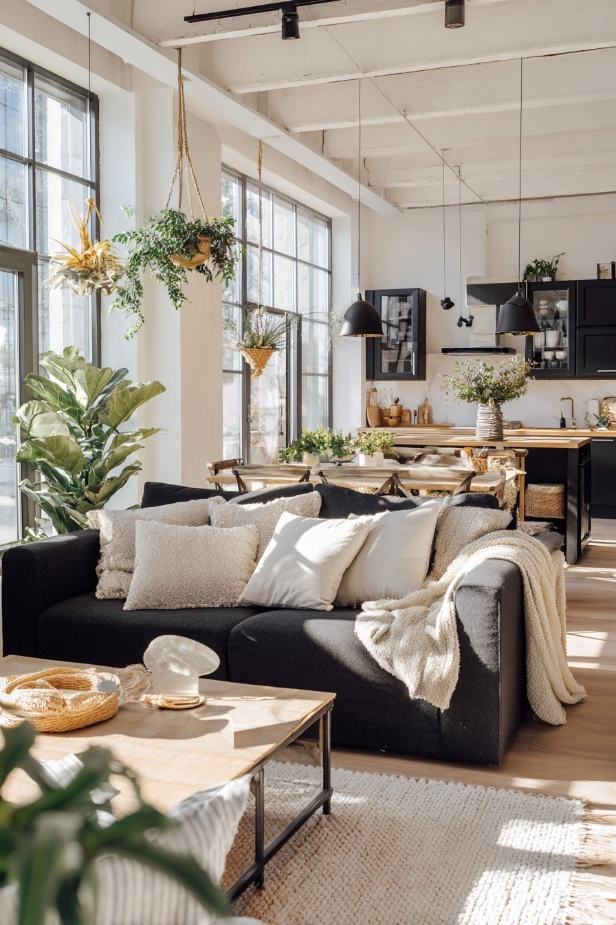 Schwarzgraues Sofa mit hellen Kissen vor großen Fenstern und hängenden Pflanzen in modernem Wohnzimmer