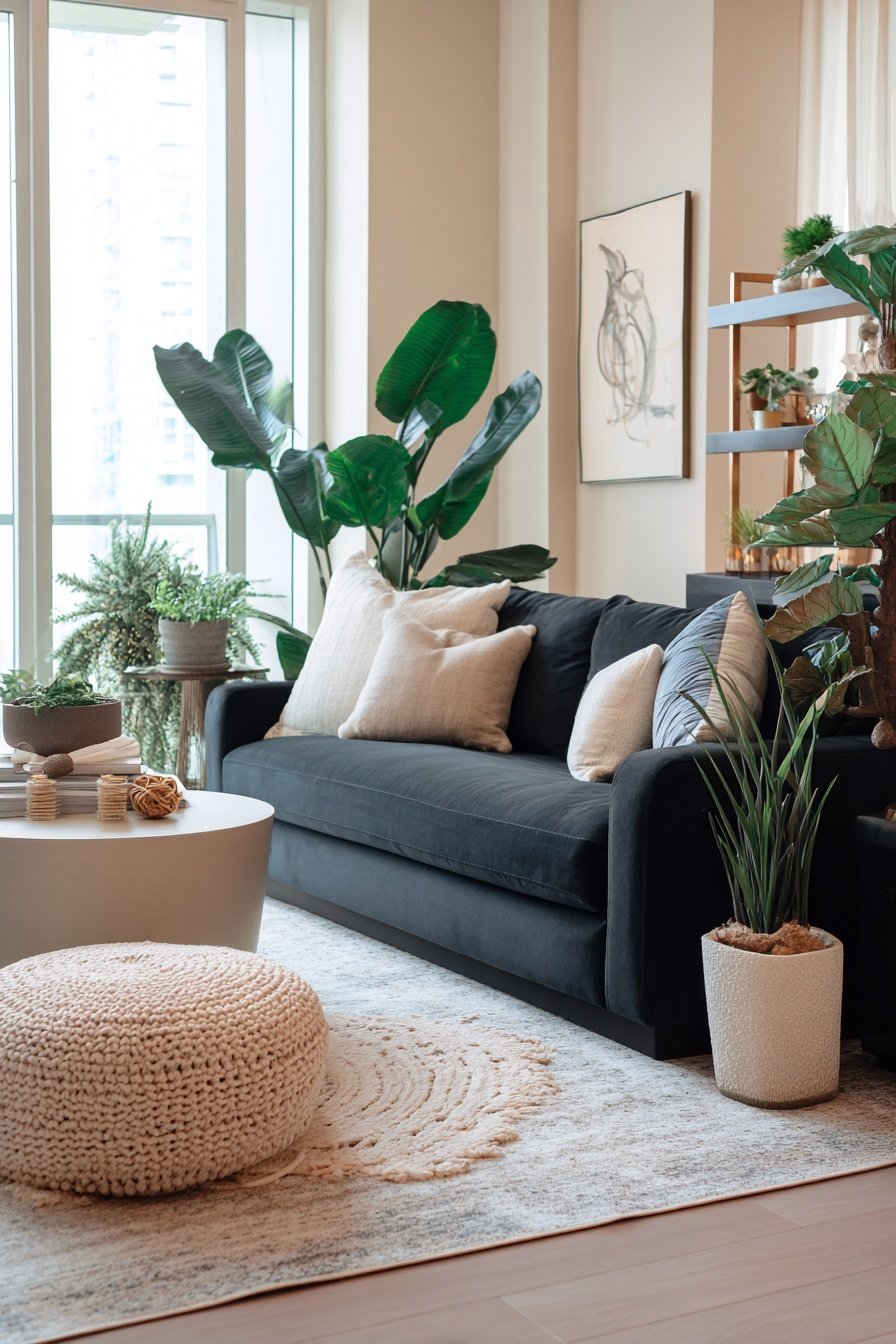 Modernes Wohnzimmer mit schwarzem Sofa, vielen Pflanzen und hellen Naturtönen