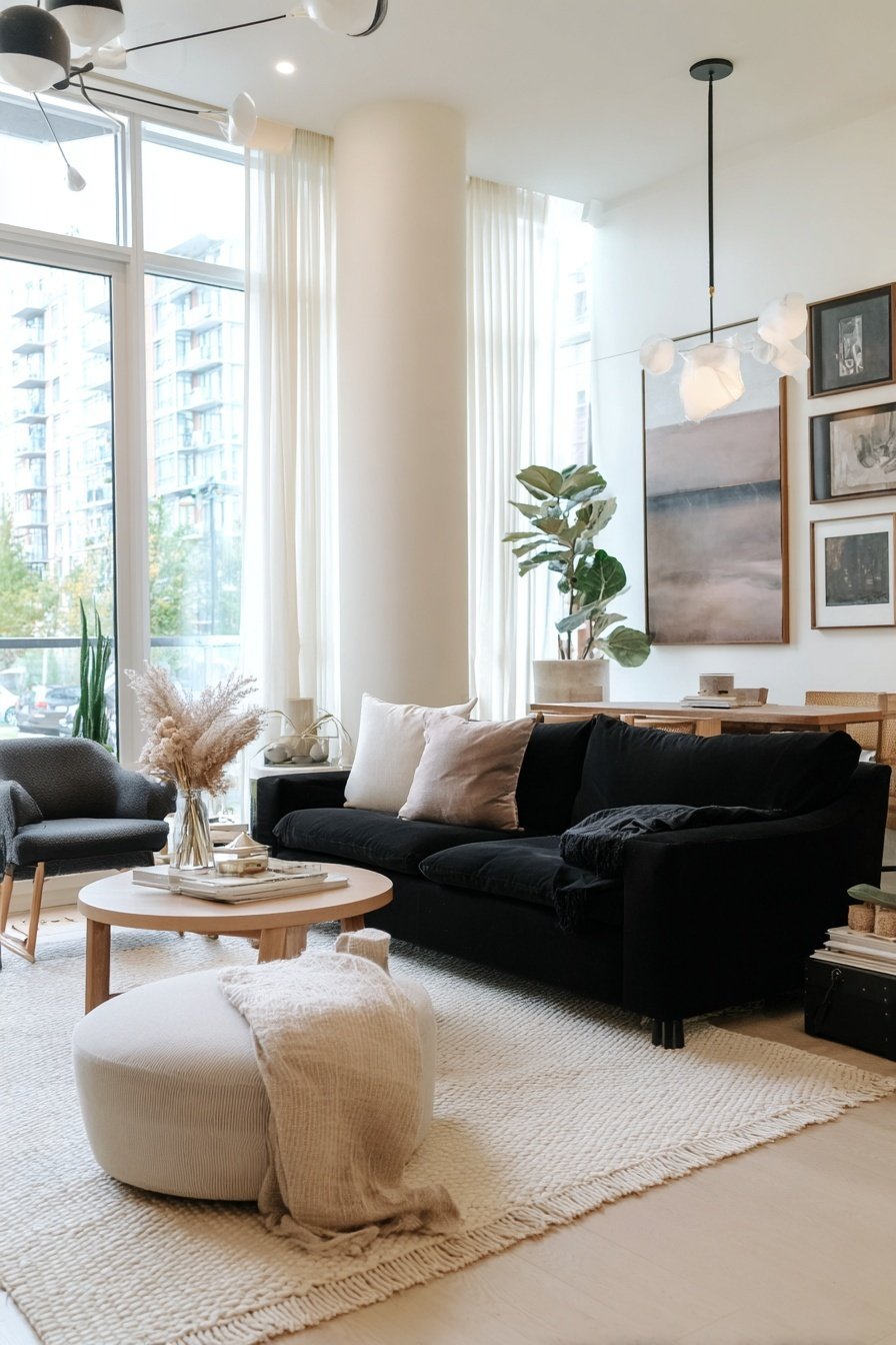 Modernes Wohnzimmer mit schwarzem Sofa, hellen Vorhängen und Deko in Naturtönen