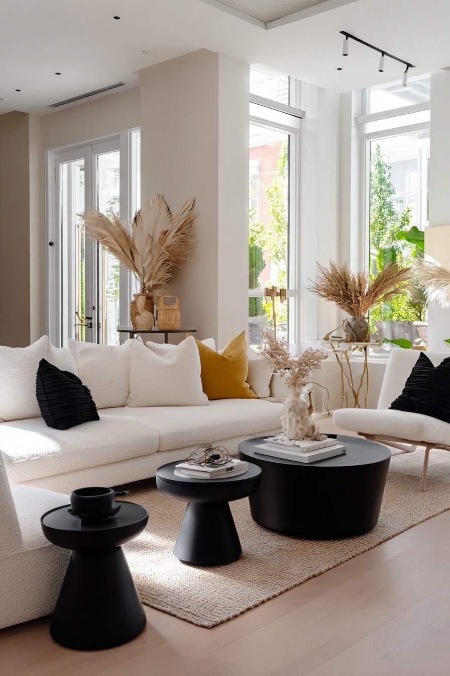 Modernes Wohnzimmer mit schwarzen Couchtischen, heller Couch und Trockenblumen