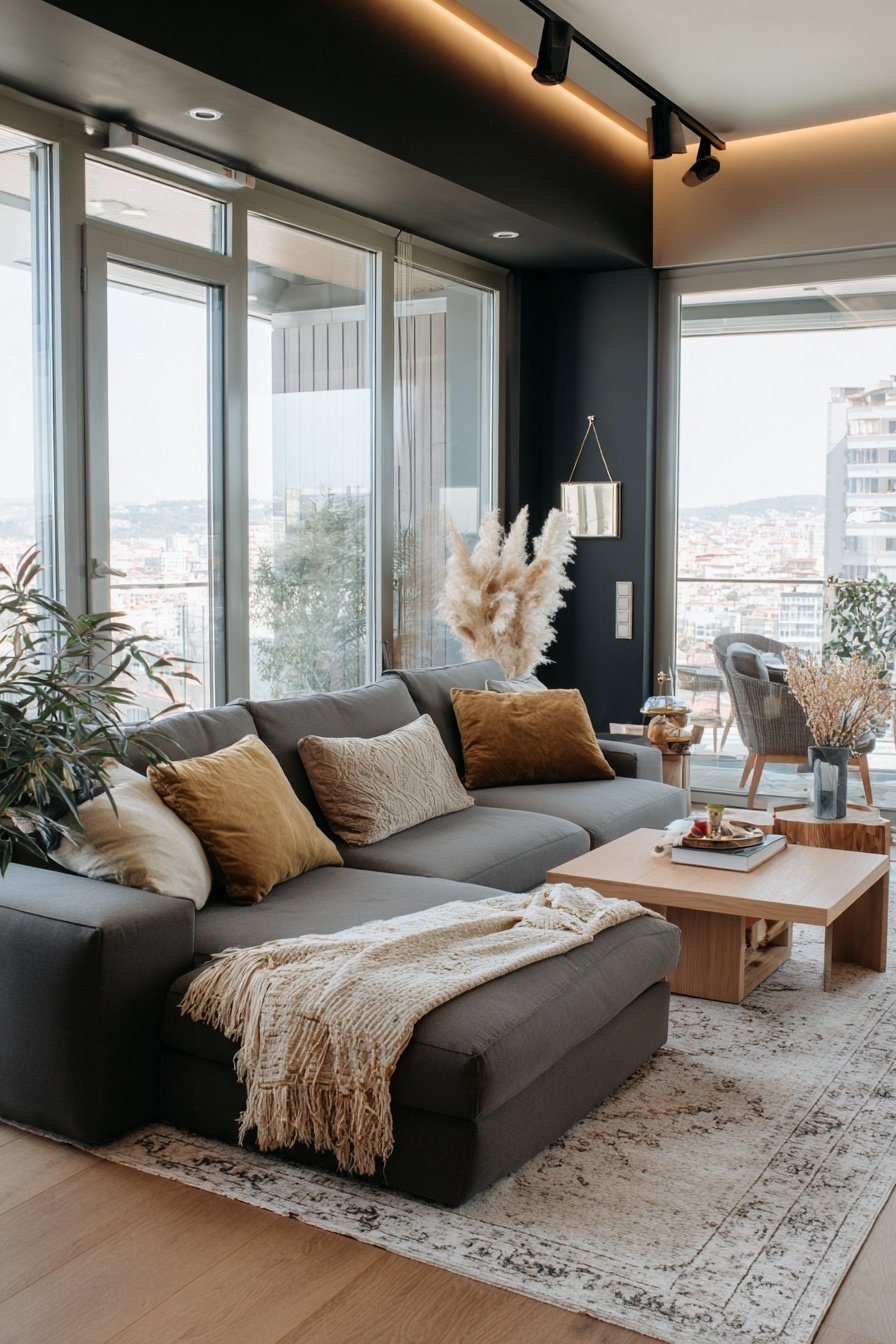 Modernes Wohnzimmer mit schwarzer Decke, grauem Sofa und Holzmöbeln