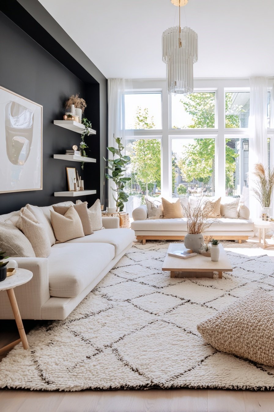 Modernes Wohnzimmer mit schwarzer Wand, beigen Sofas und großen Fenstern