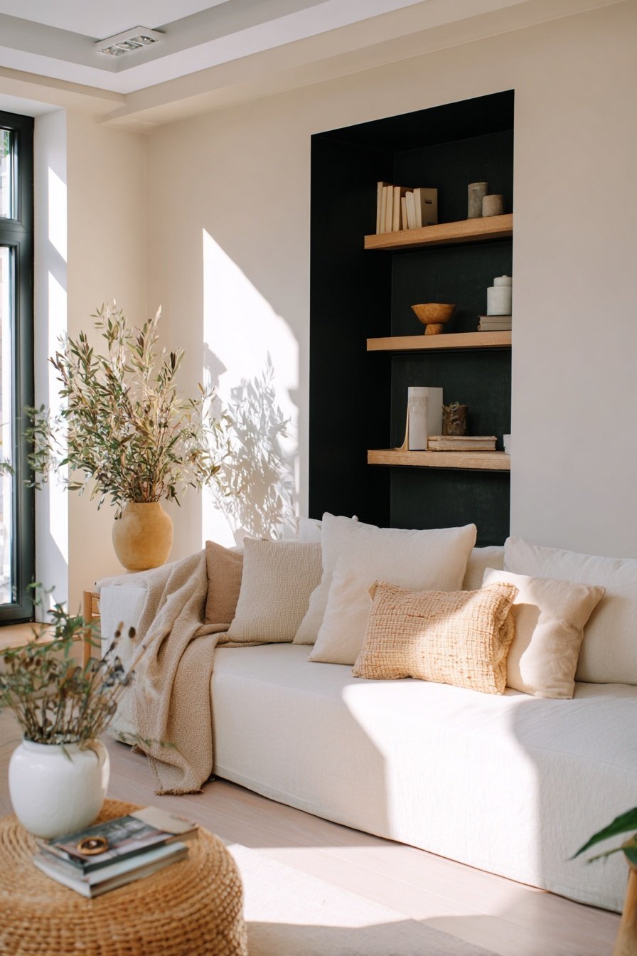 Modernes Wohnzimmer mit hellem Sofa, schwarzer Wandnische und natürlichen Dekoelementen