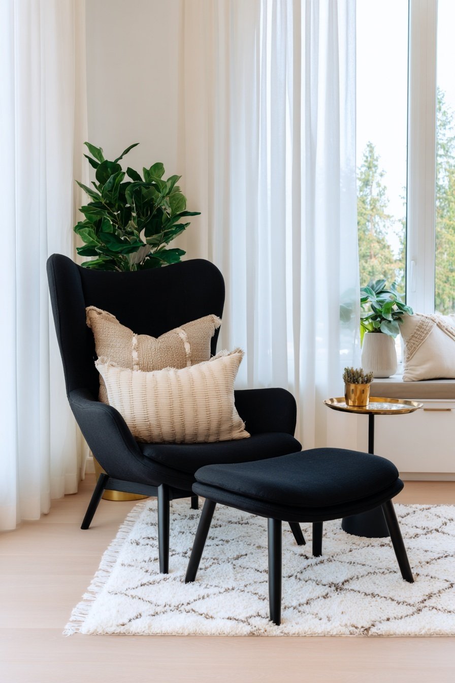 Moderner schwarzer Sessel mit Hocker, helle Deko und Pflanzen im Wohnzimmer