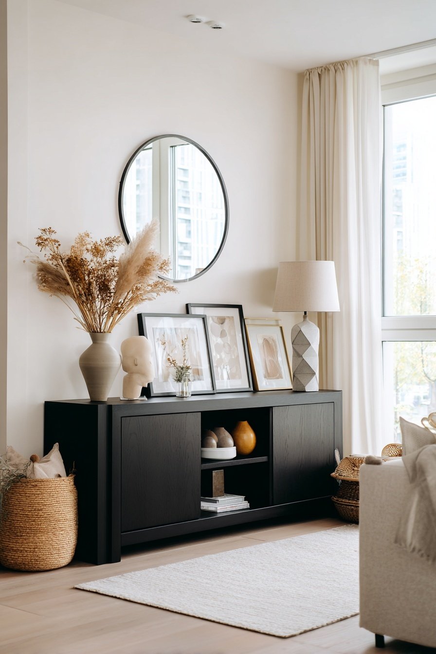 Schwarzes Sideboard mit Deko und runder Spiegel im modern eingerichteten Wohnzimmer
