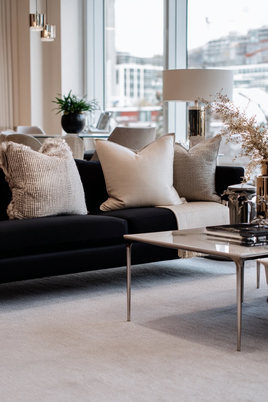 Modern eingerichtetes Wohnzimmer mit schwarzem Sofa und hellen Kissen