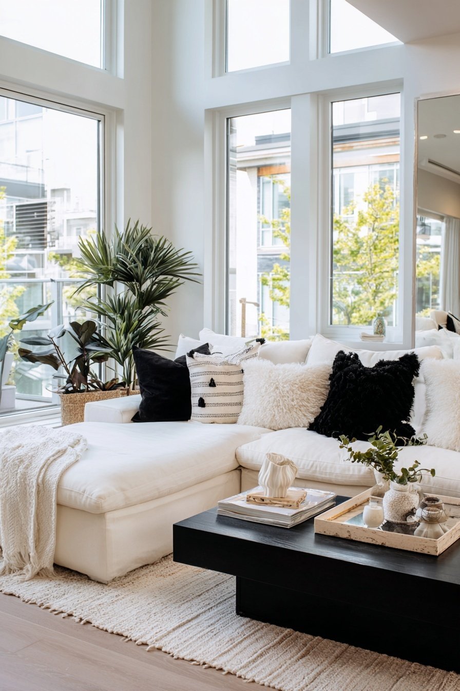 Helles Wohnzimmer mit weißem Sofa, schwarzen Kissen und schwarzem Couchtisch