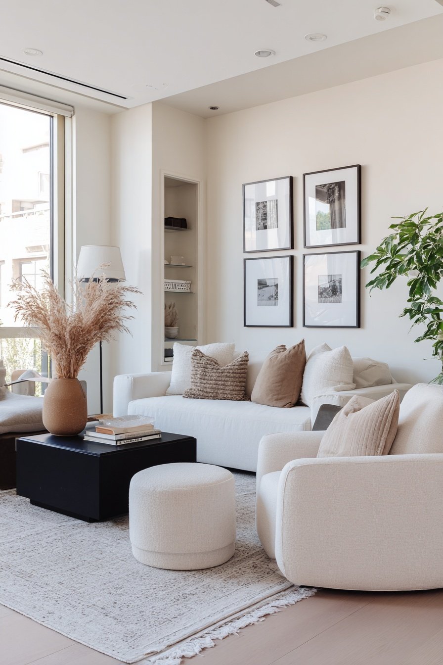 Helles Wohnzimmer mit weißen Möbeln, schwarzem Couchtisch und Naturdeko