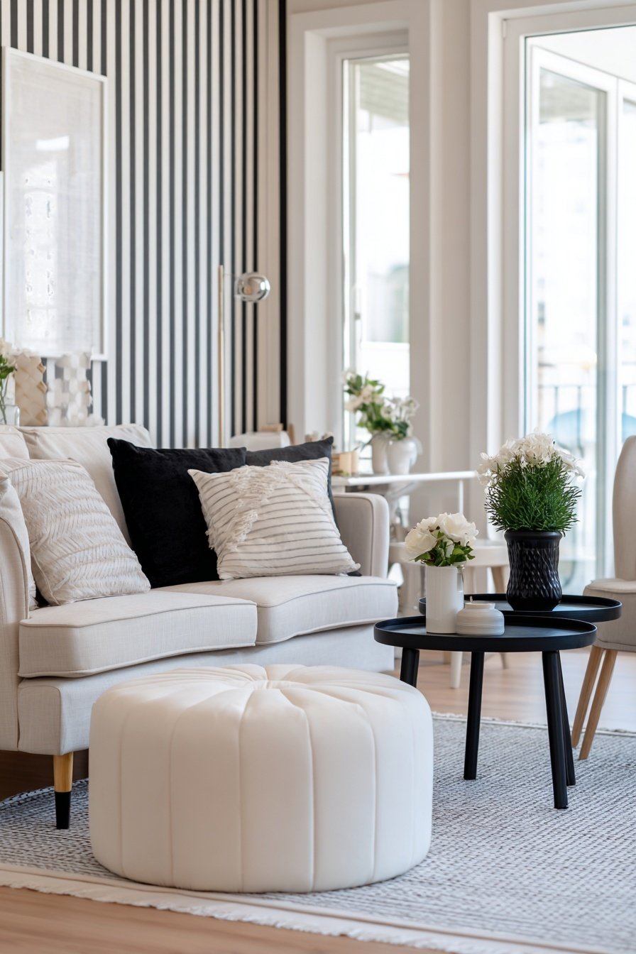 Modernes Wohnzimmer in Schwarz-Weiß mit eleganter Streifenwand, Sofa und runden Tischen