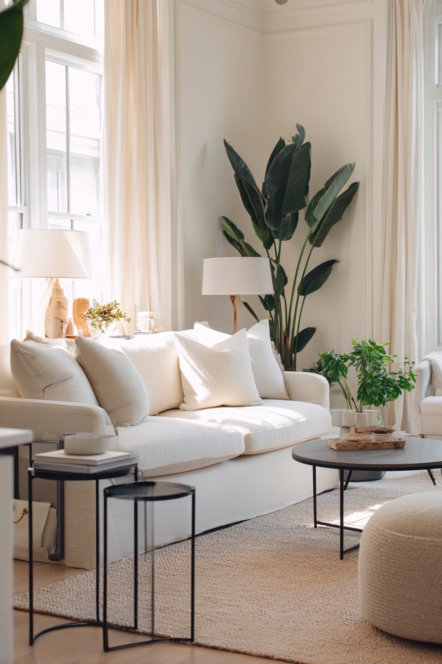 Helles Wohnzimmer mit weißen Möbeln, schwarzen Akzenten und grünen Pflanzen