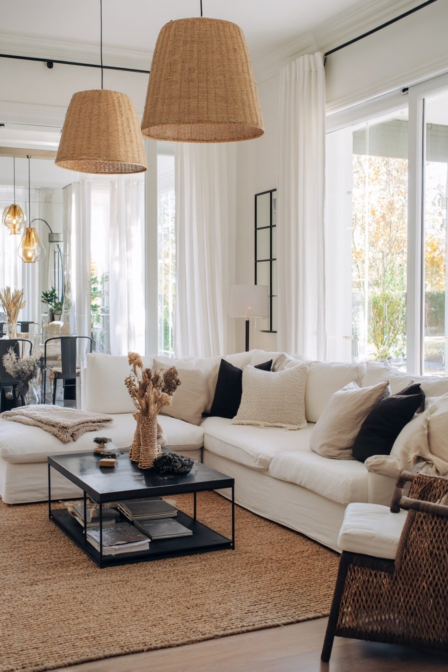 Helles Wohnzimmer mit weißem Sofa, schwarzen Akzenten und Naturmaterialien