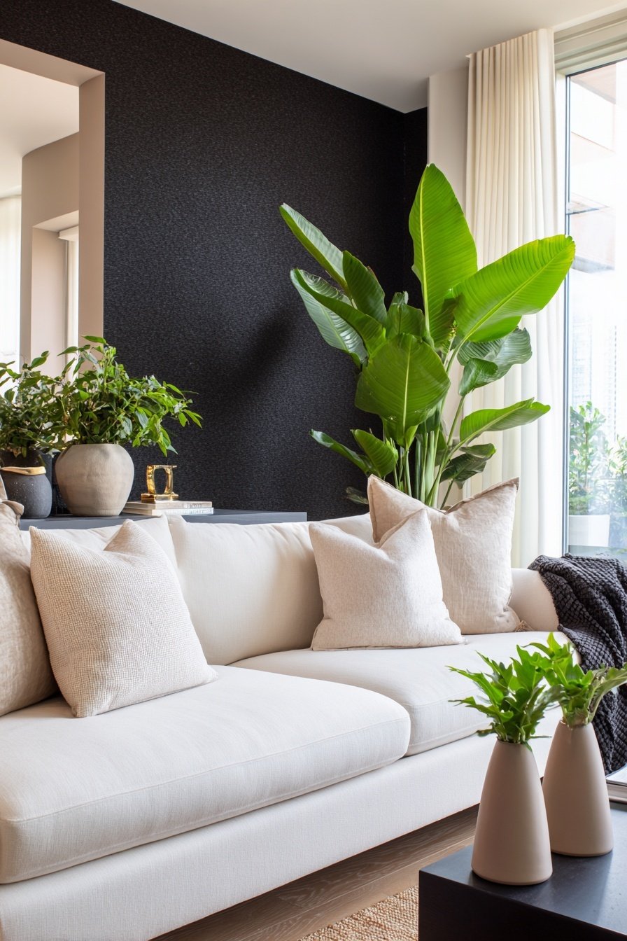 Helles Sofa vor schwarzer Wand, dekoriert mit großen grünen Pflanzen