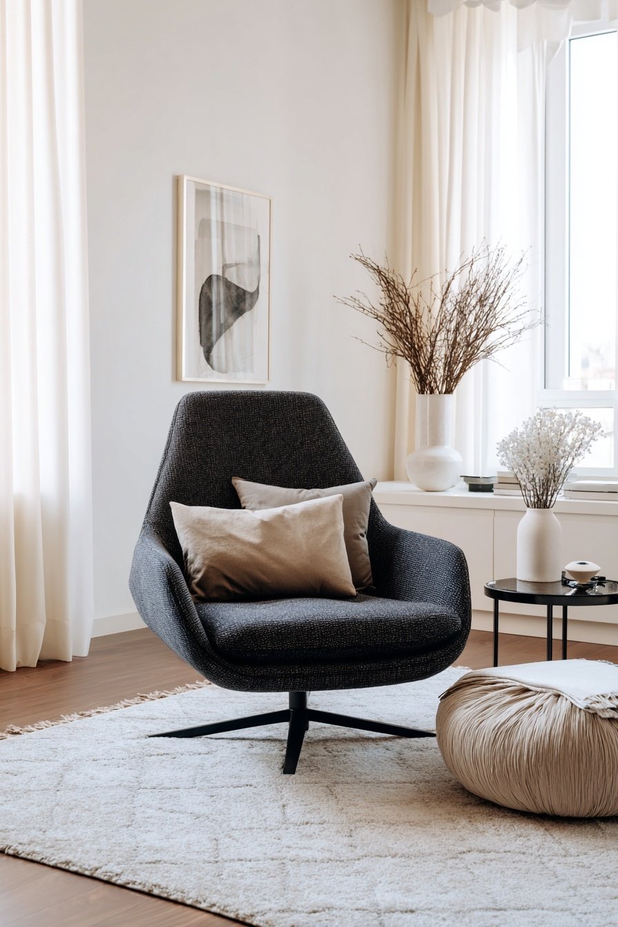 Moderner schwarzer Sessel mit Kissen auf Teppich, beige Pouf und dekorative Vasen im minimalistischen Wohnzimmer