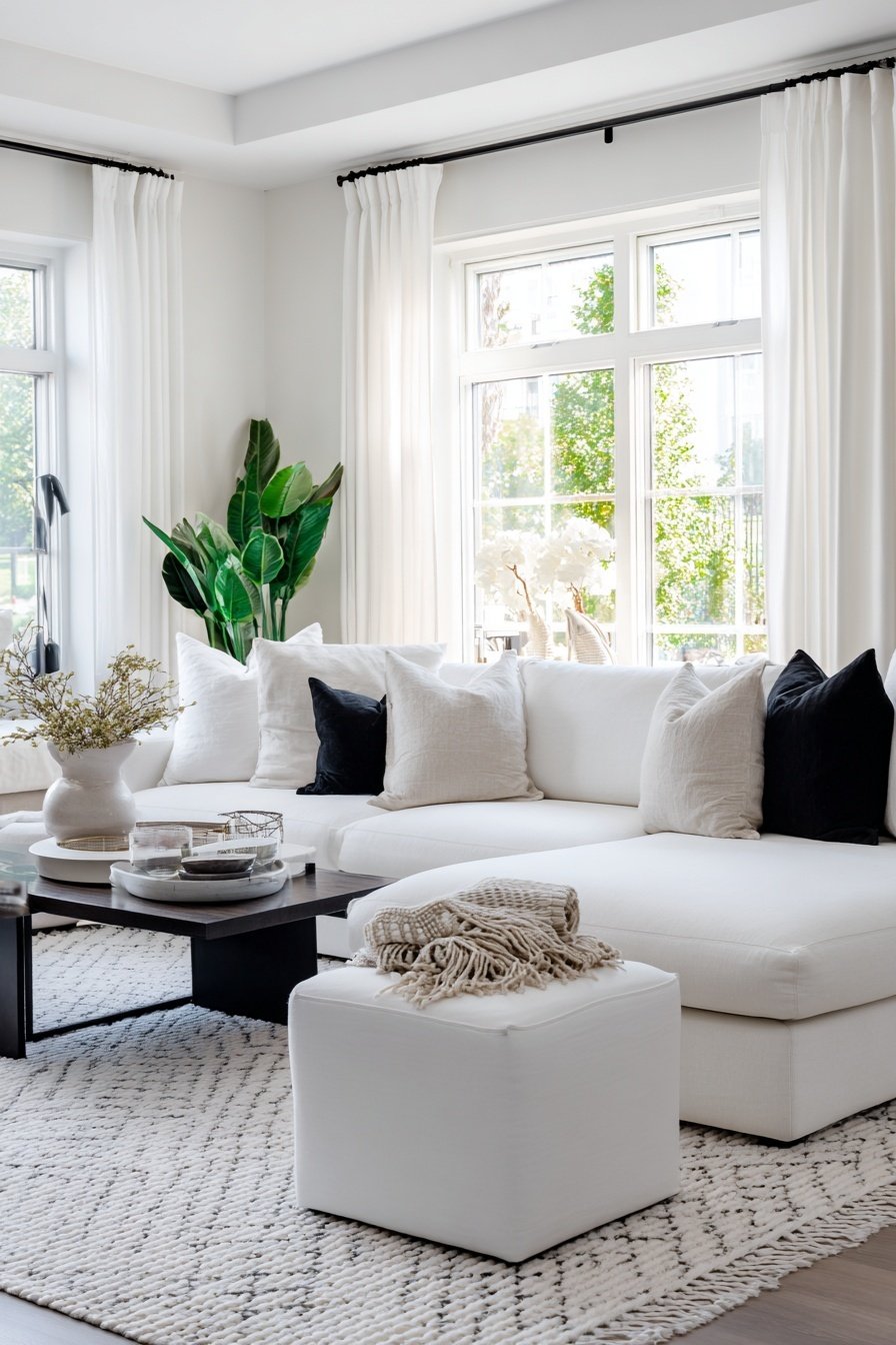 Helles Wohnzimmer mit weißem Sofa, dunklem Couchtisch und großen Fenstern