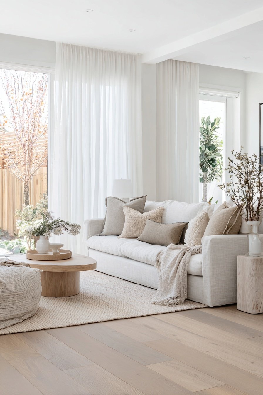 Modernes Wohnzimmer in Weiß mit hellen Holztönen und natürlicher Deko