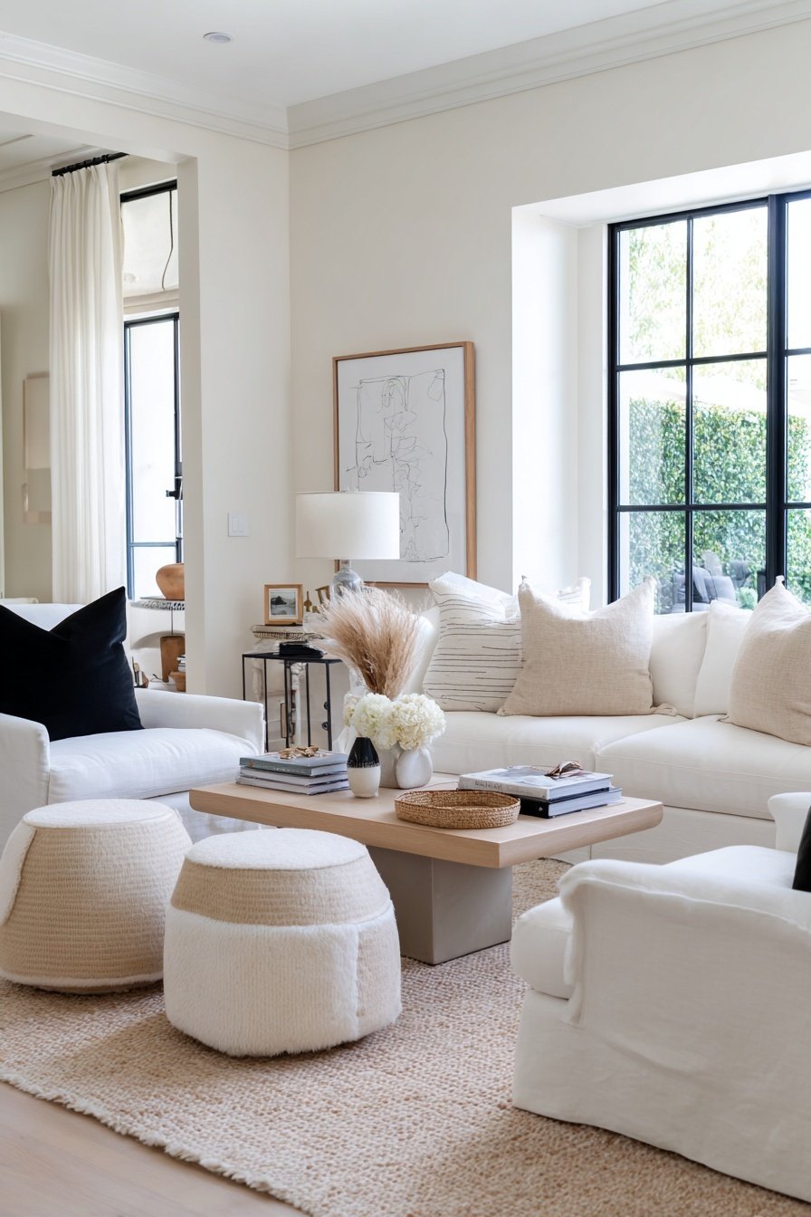 Helles Wohnzimmer mit weißen Möbeln, Naturdeko und großen Fenstern