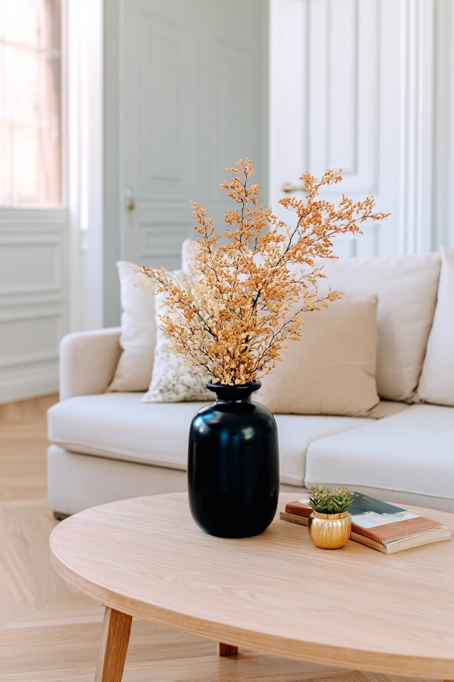 Schwarze Vase mit Trockenblumen auf rundem Holztisch vor heller Couch
