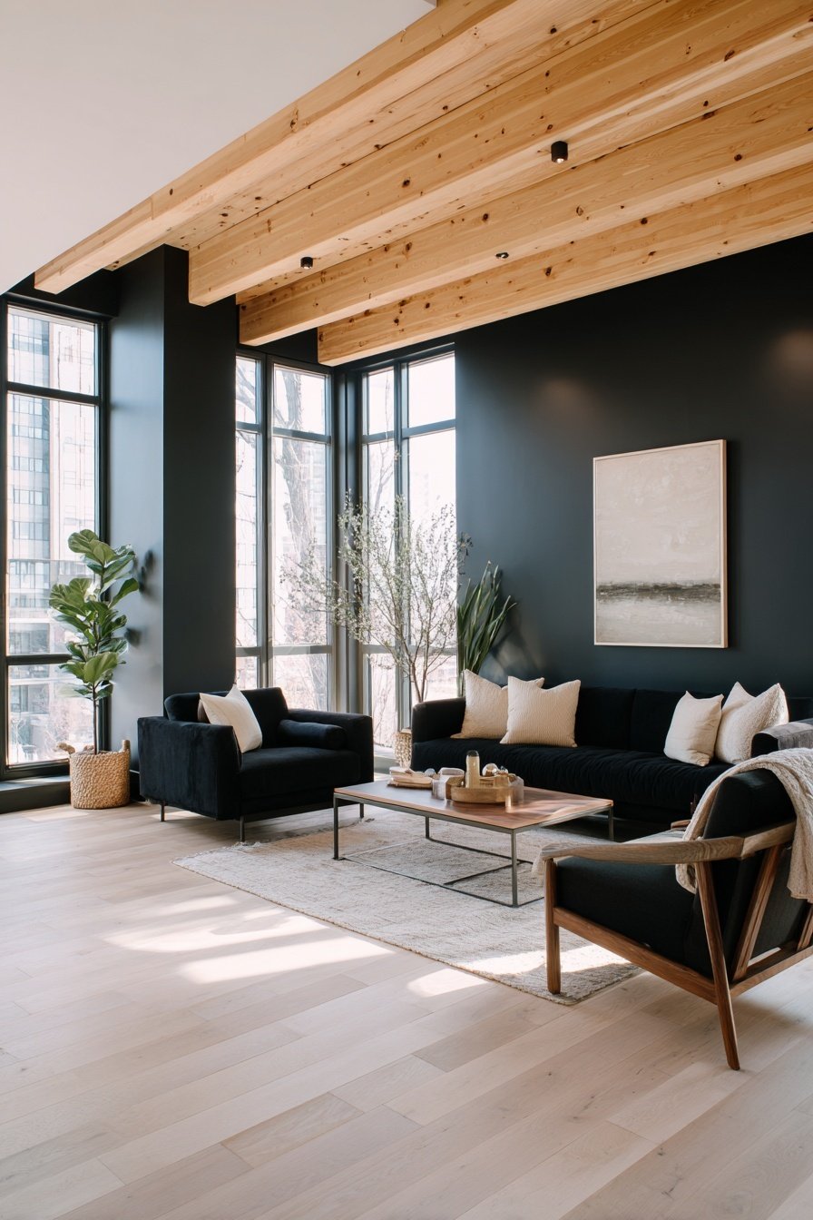 Modernes Wohnzimmer mit schwarzen Wänden, Holzbalkendecke und minimalistischer Einrichtung