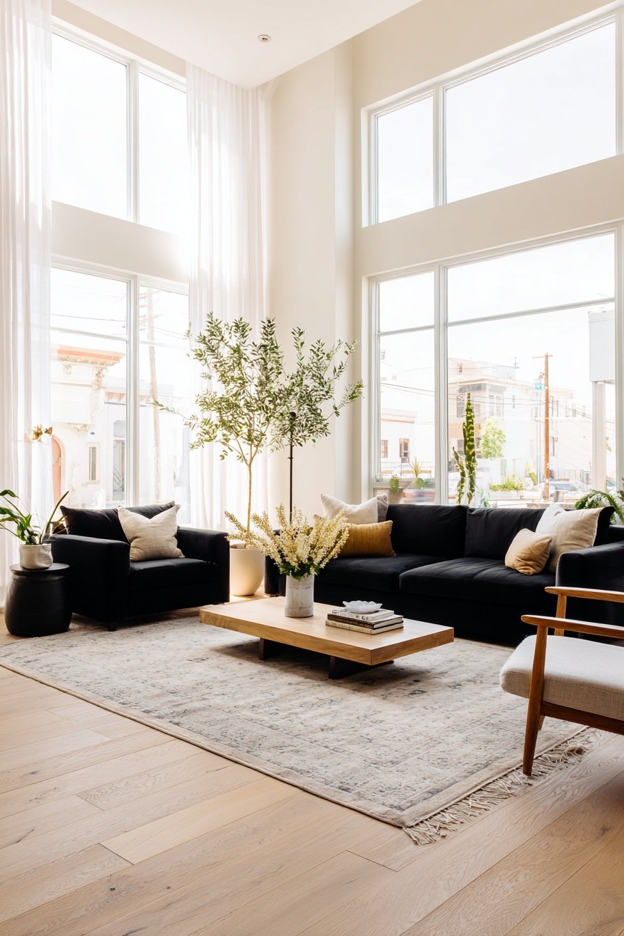 Modernes Wohnzimmer mit schwarzen Sofas, Holztisch und großen Fenstern