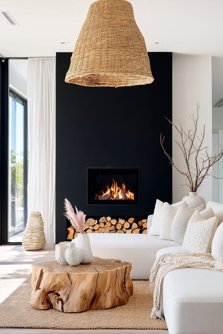 Helles Wohnzimmer mit schwarzer Kaminwand, rustikalem Couchtisch aus Holz und weißem Sofa