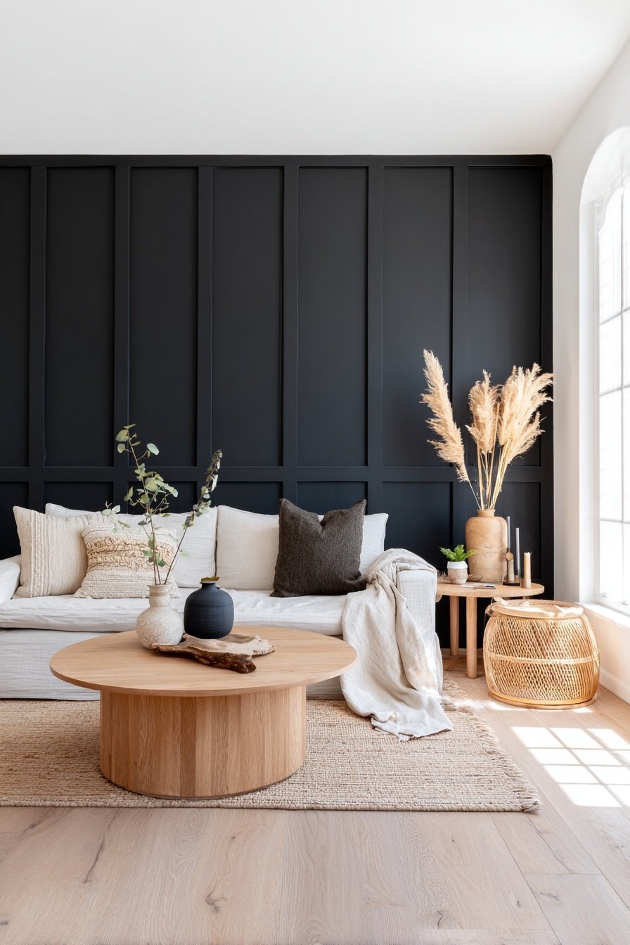 Wohnzimmer mit schwarzer Wand, hellem Sofa, Holztisch und natürlichen Deko-Elementen
