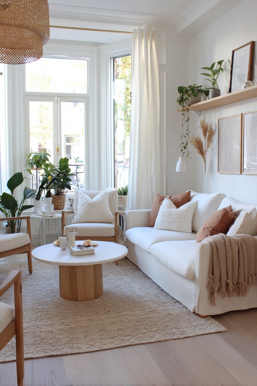 Helles Wohnzimmer mit weißem Sofa, Holzdetails und Pflanzen