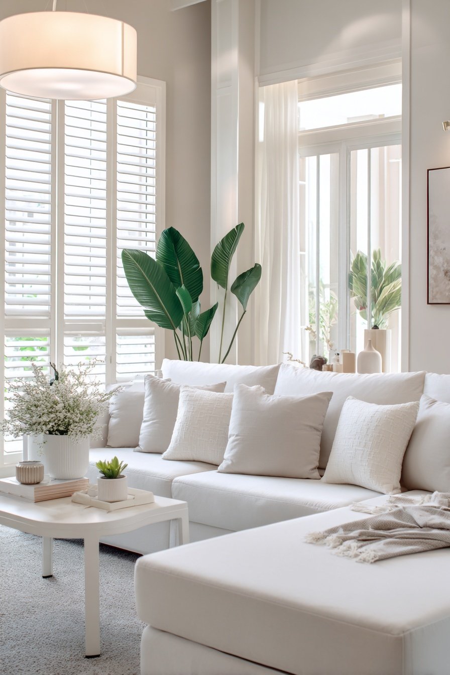 Modernes weißes Wohnzimmer mit großen Pflanzen und gemütlicher Couch