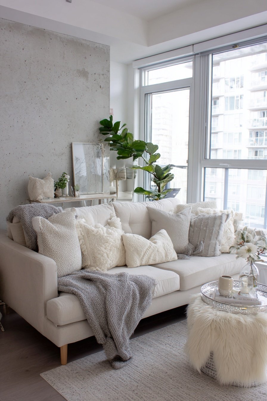 Helles Wohnzimmer mit weißem Sofa, dekorativen Kissen, grauer Decke und Zimmerpflanzen