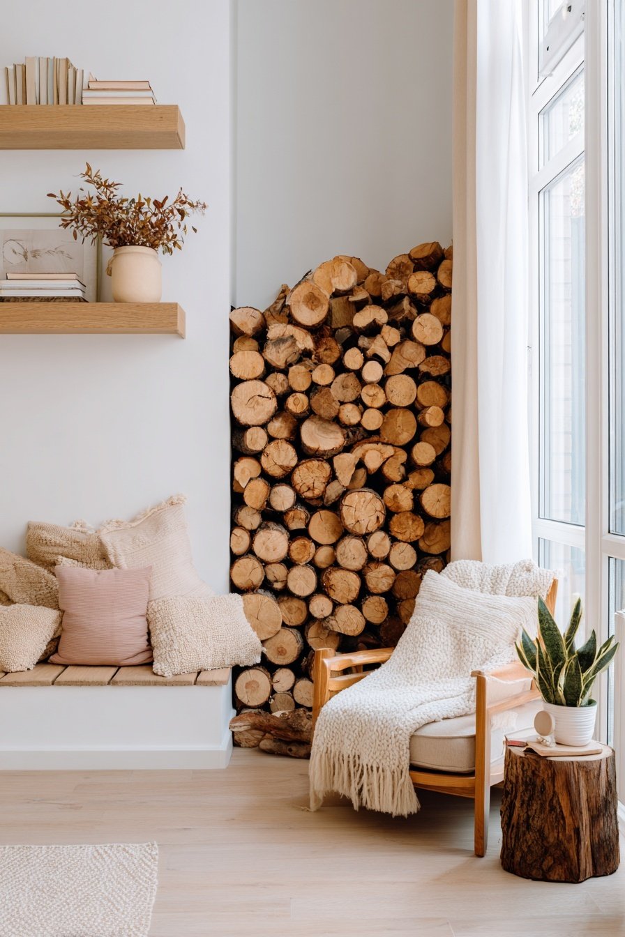 Modernes Wohnzimmer mit Holzscheiten, hellen Möbeln und gemütlicher Leseecke