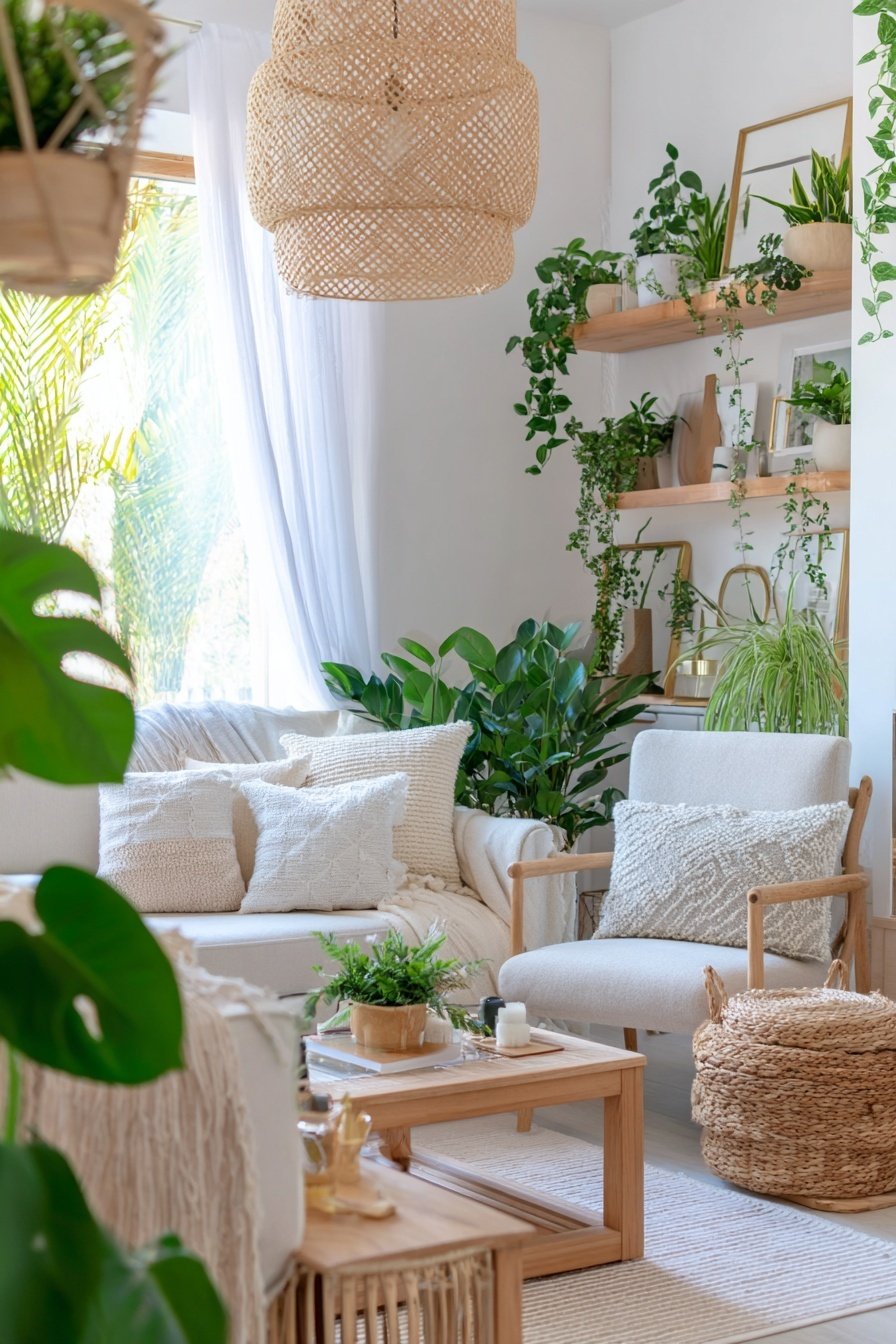 Helles Wohnzimmer mit Holzmöbeln, Pflanzen und natürlicher Deko