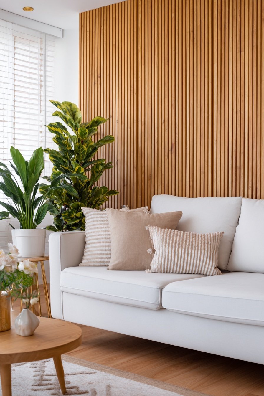 Modernes Wohnzimmer mit Holzlamellenwand, weißen Polstermöbeln und Zimmerpflanzen