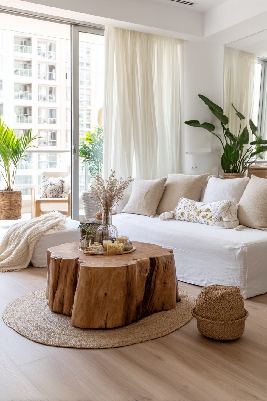 Helles Wohnzimmer mit großem Couchtisch aus Baumstamm, heller Couch und Pflanzen
