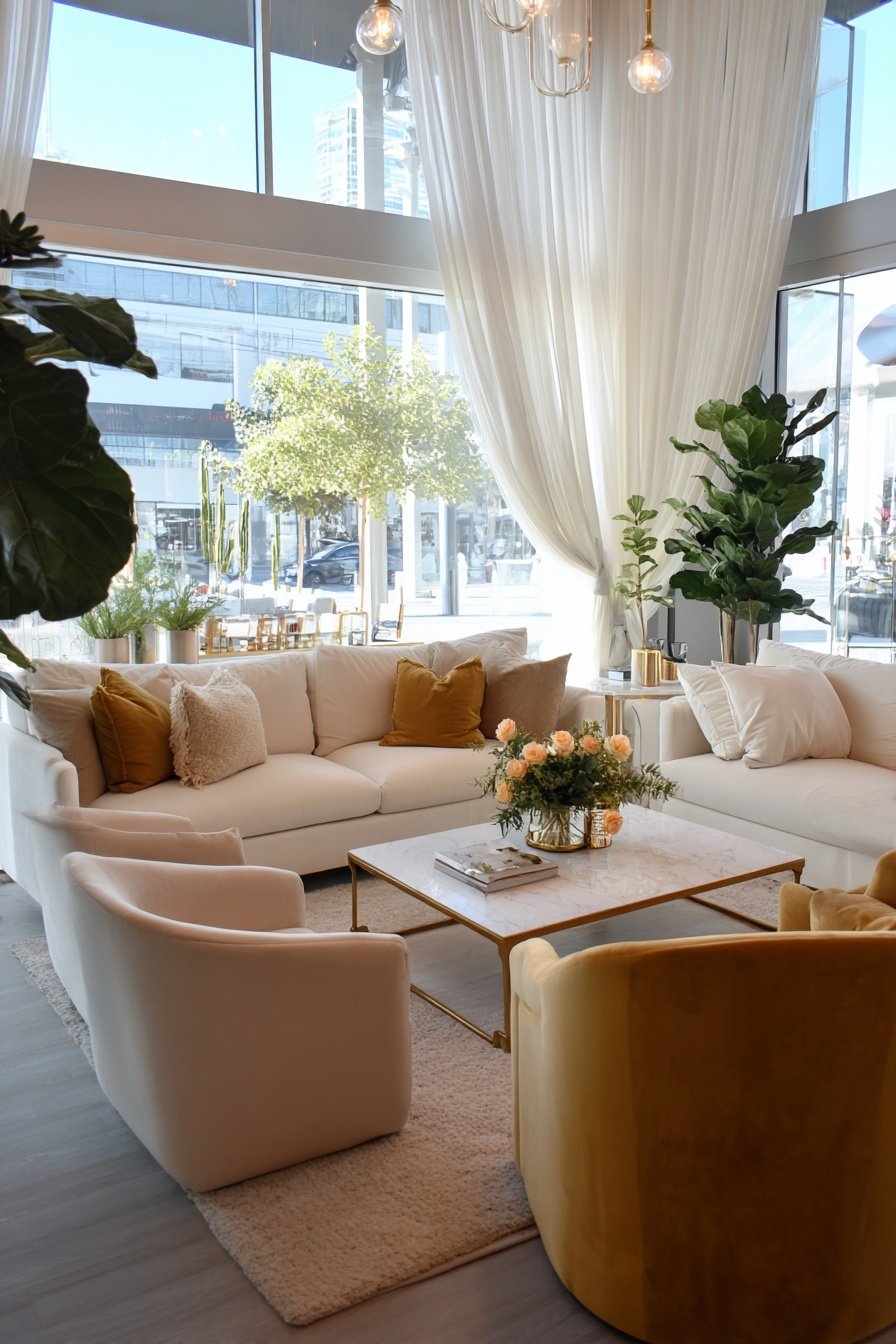 Modern eingerichtetes Wohnzimmer mit hellen Möbeln, goldenen Akzenten und großen Fensterfronten