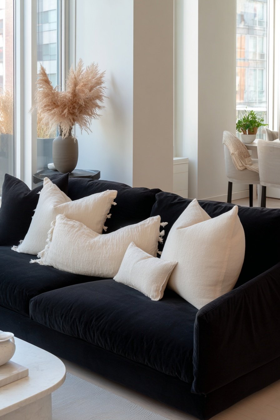 Schwarzes Sofa mit hellen Dekokissen vor großen Fenstern in modernem Wohnzimmer