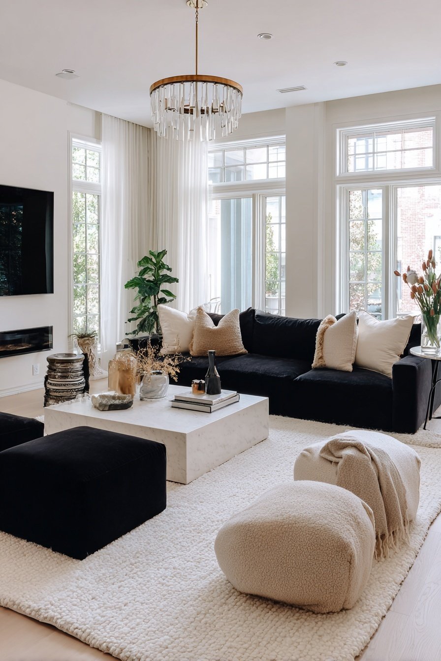 Helles Wohnzimmer mit schwarzen Sofas, weißem Teppich und luxuriöser Einrichtung