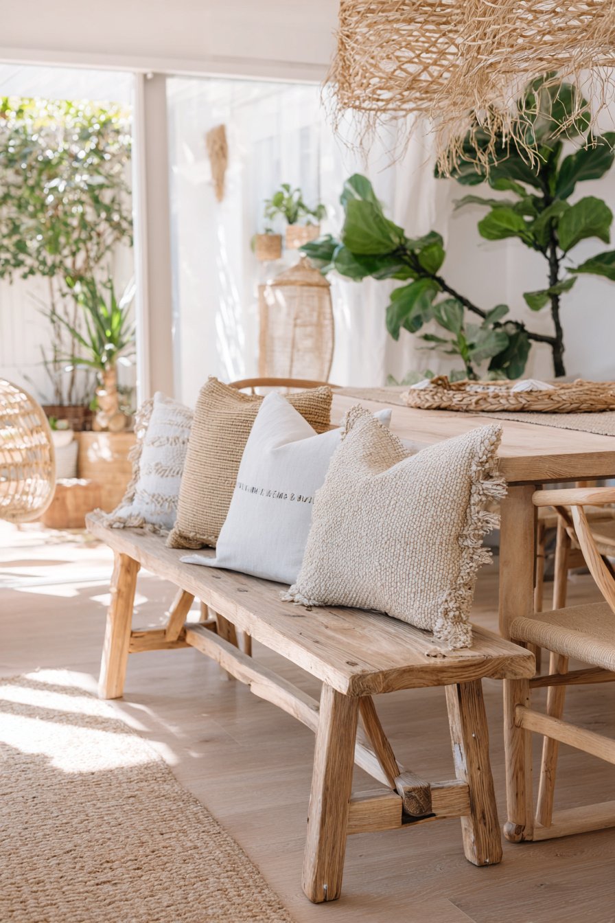 Boho Esszimmer mit Holzbänken, Kissen und Pflanzen