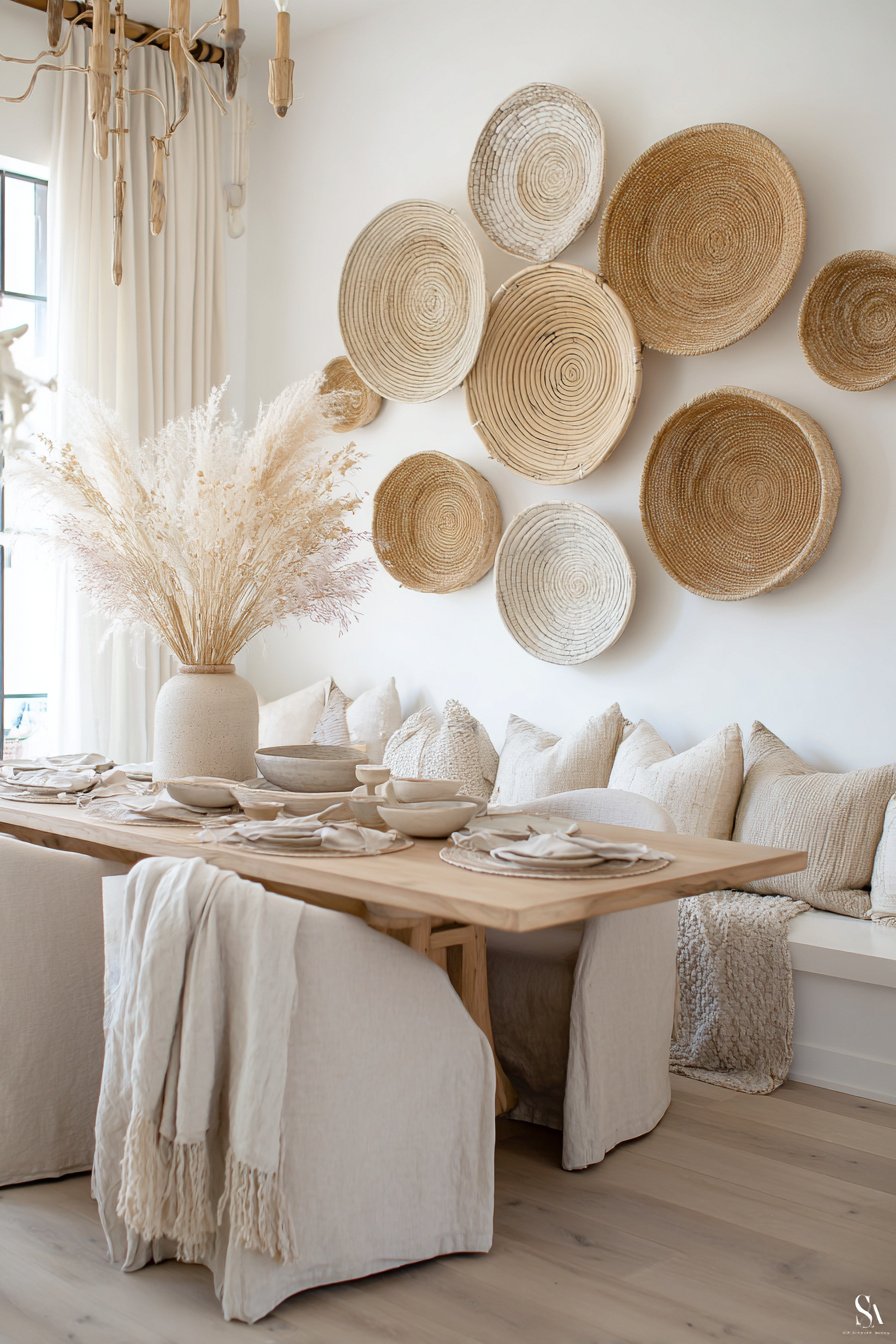Helles Esszimmer im Boho-Stil mit Naturmaterialien, Wanddeko aus Körben und neutralen Textilien