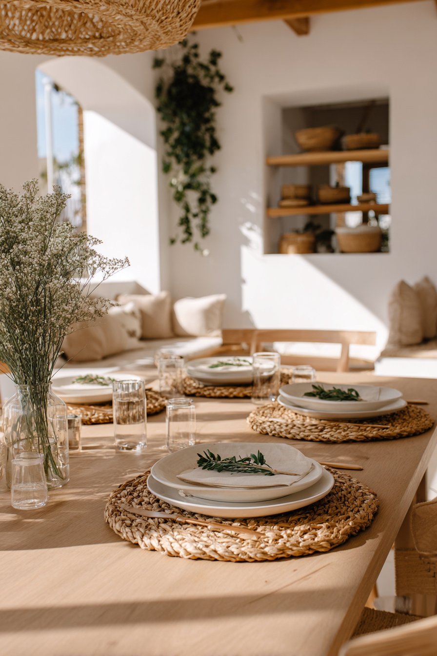 Boho-Esszimmer mit Naturmaterialien, gedecktem Tisch und heller Einrichtung