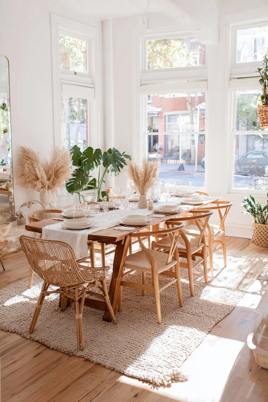 Helles Esszimmer im Boho-Stil mit Holzstühlen, getrocknetem Pampasgras und großen Fenstern