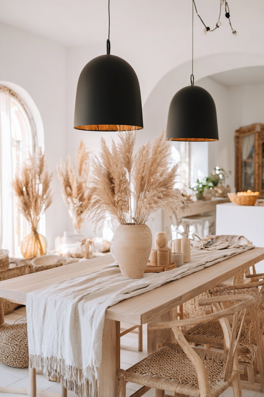 Boho Esszimmer mit Pampasgras, Holzmöbeln und Hängelampen
