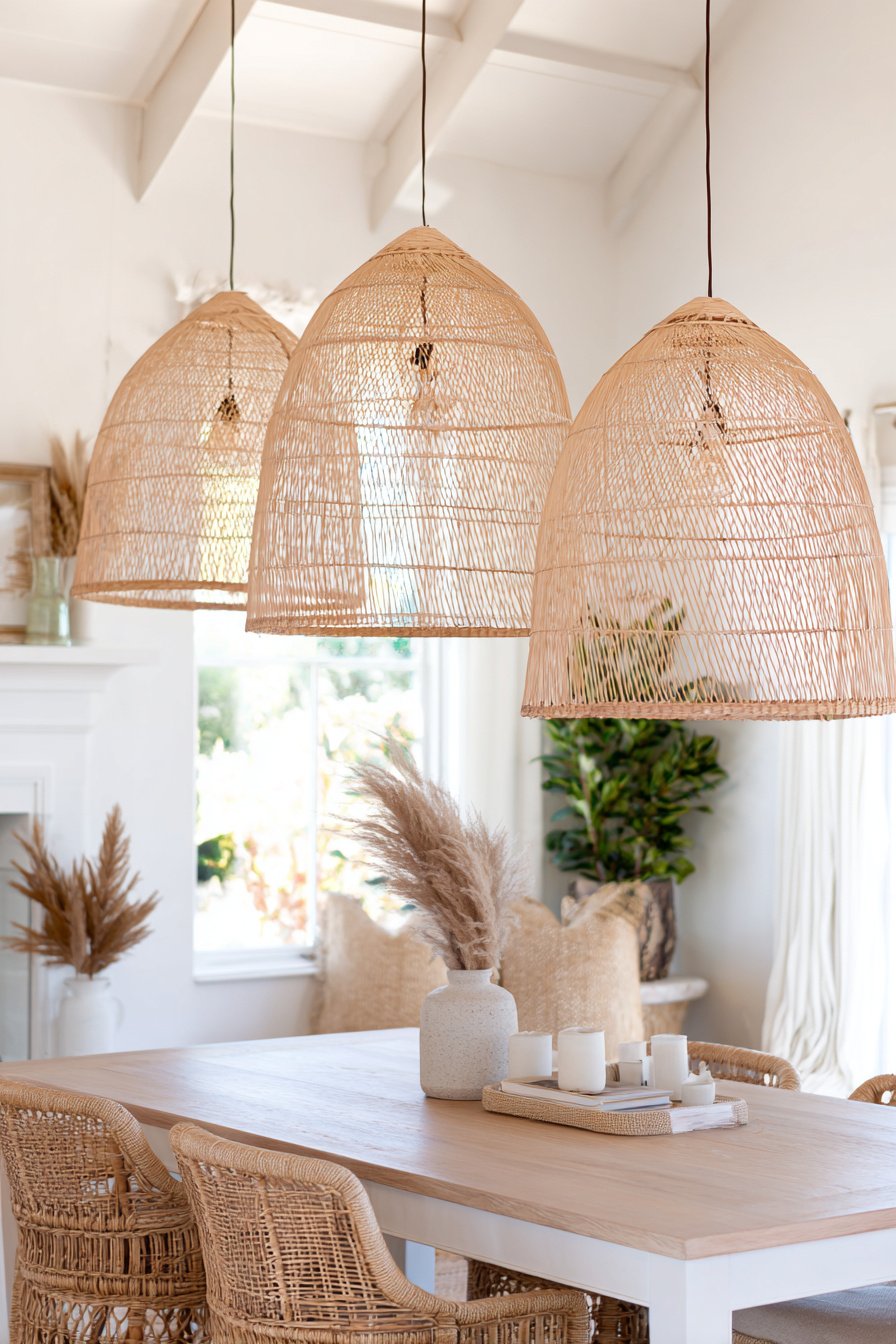 Esszimmertisch mit Rattanstühlen, Pampasgras und geflochtenen Hängelampen im Boho Stil
