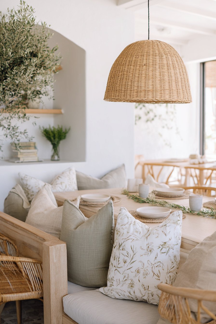 Gemütlich gedeckter Essbereich im Boho-Stil mit Naturmaterialien