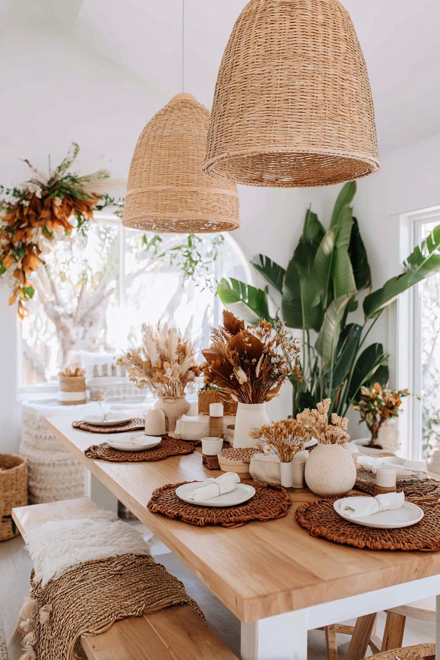 Holztisch im Boho-Stil mit Trockenblumen und Rattandeckchen gedeckt