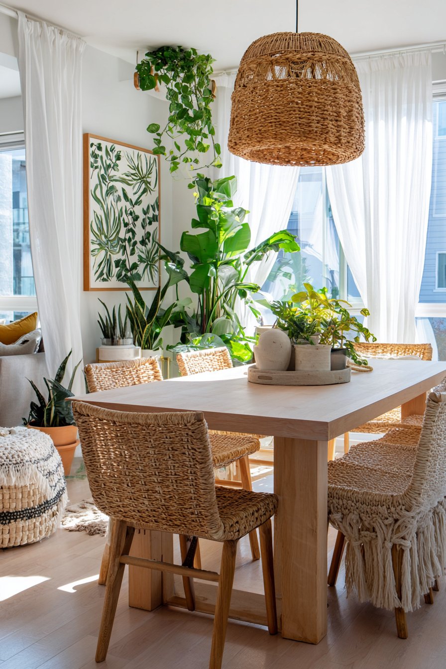 Esszimmer im Boho-Stil mit Holztisch, Korbstühlen und vielen Pflanzen