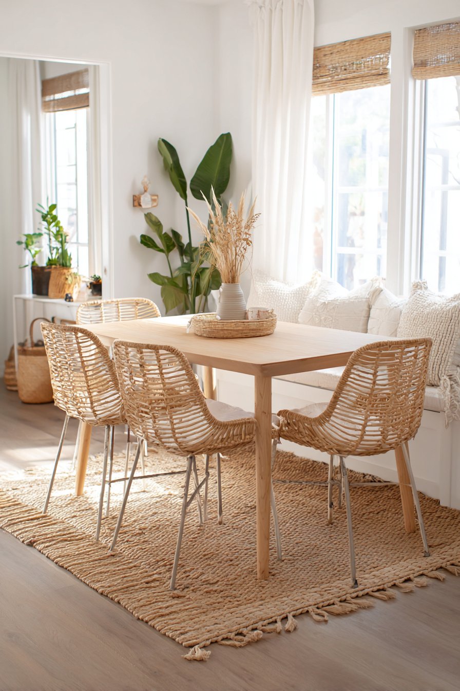 Essbereich mit Holztisch, Rattanstühlen, Jute-Teppich und Pflanzen im Boho Stil